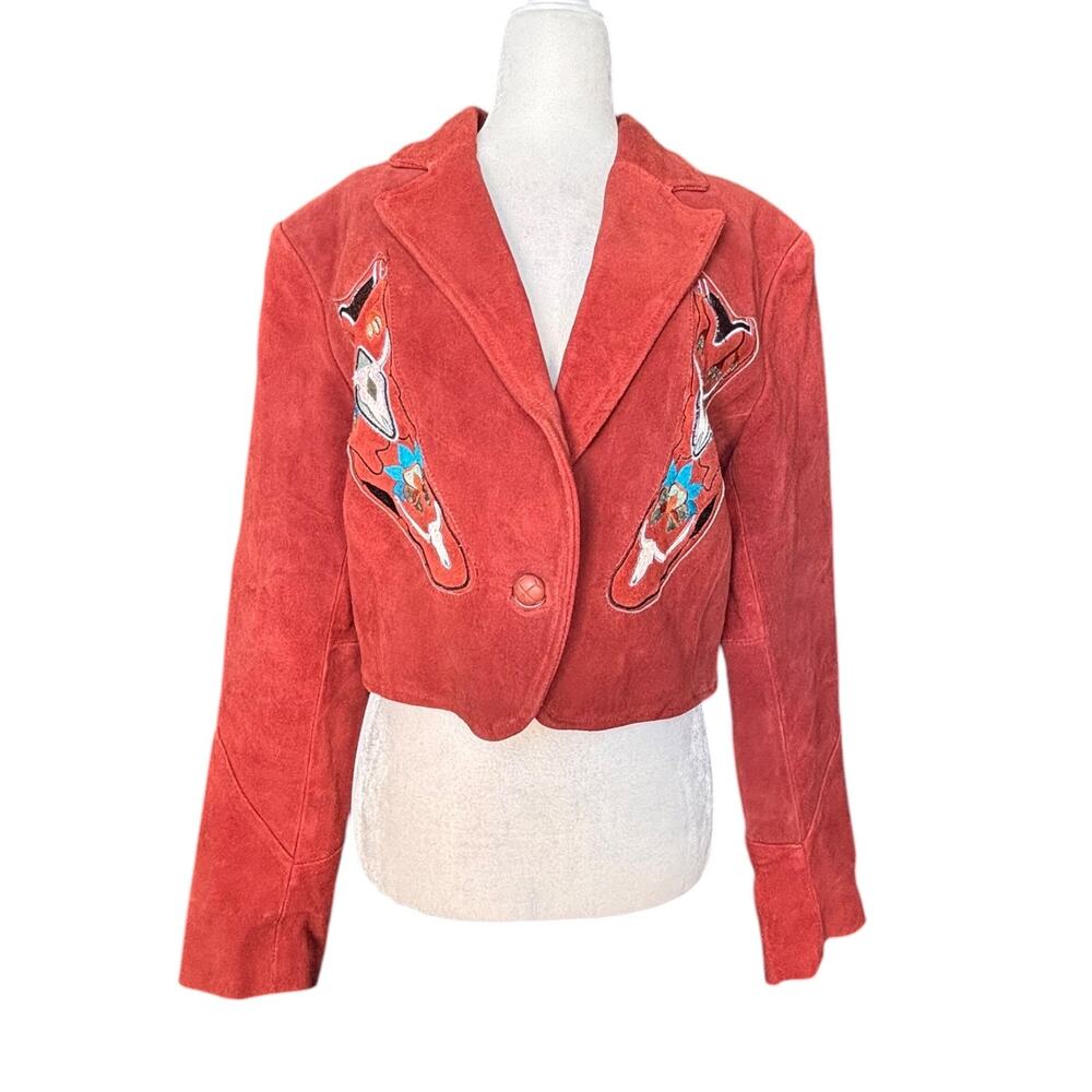 Vintage Cowboy Boot Suede Leather Cropped Western Blazer Jacket Boho Cowgirl - Picture 2 of 7